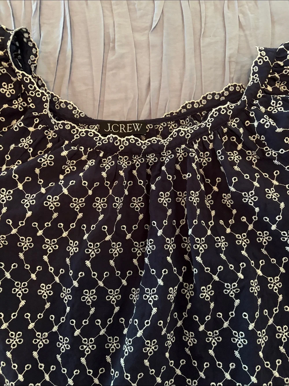 J. Crew navyTop with White Floral Embroidery and Puff Sleeves